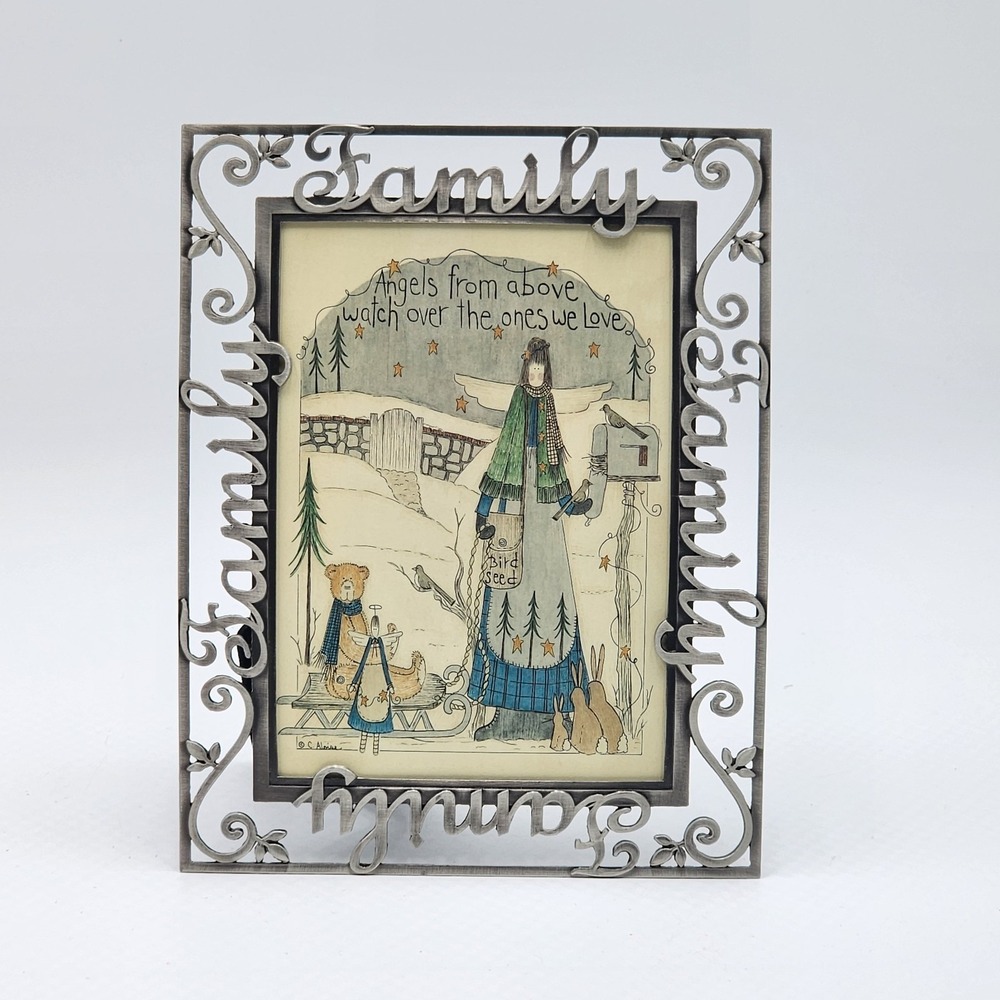 Fetco Family Antiqued Silver Openwork Frame 5x7 Angel Folk Art Tabletop Decor